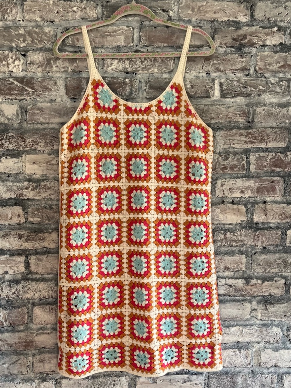Crochet Square Slip Dress - Red, Aqua & Cream. Fully lined smoke & pet free home